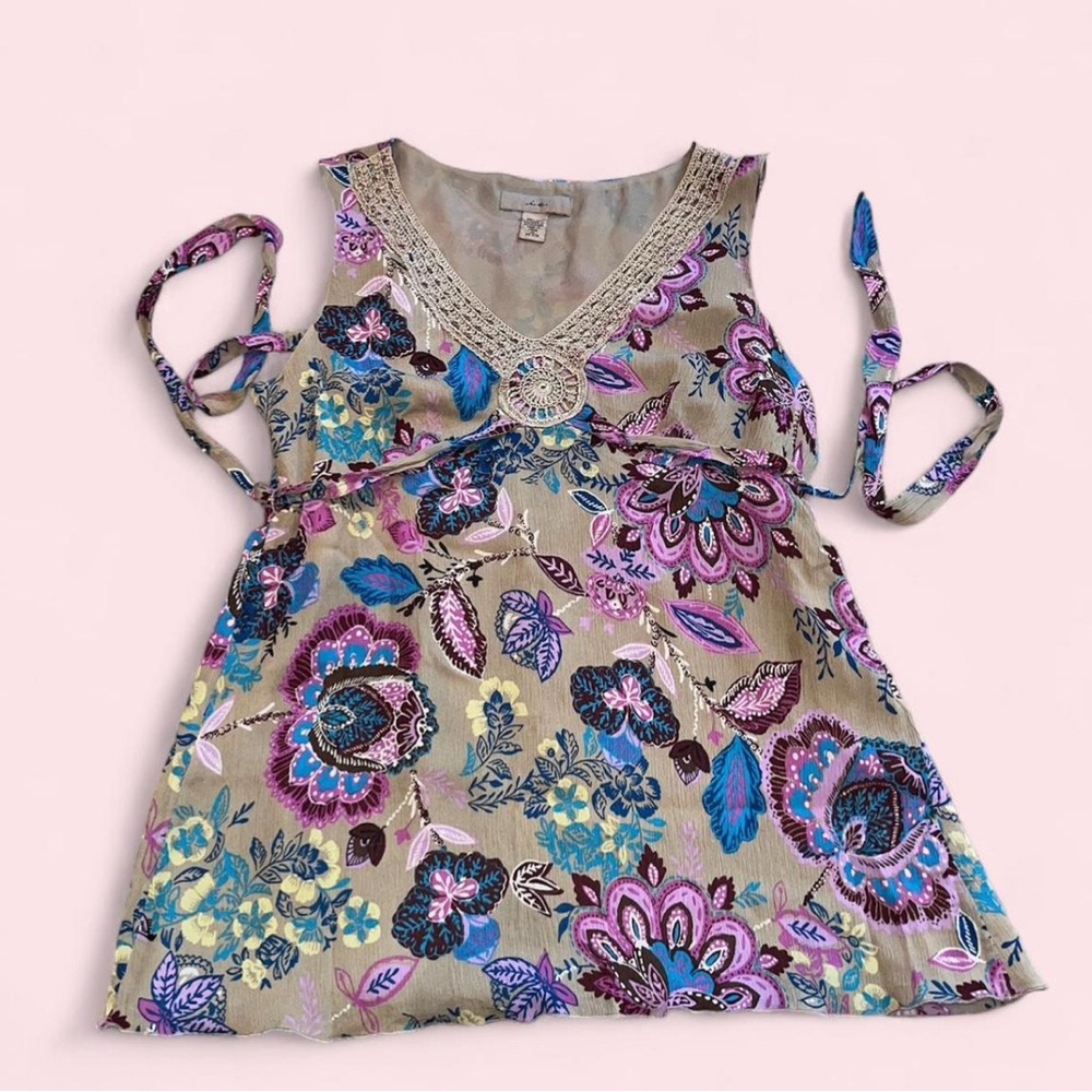 Vintage Boho Silk Floral Sleeveless Babydoll Tank Top with Crochet Detail